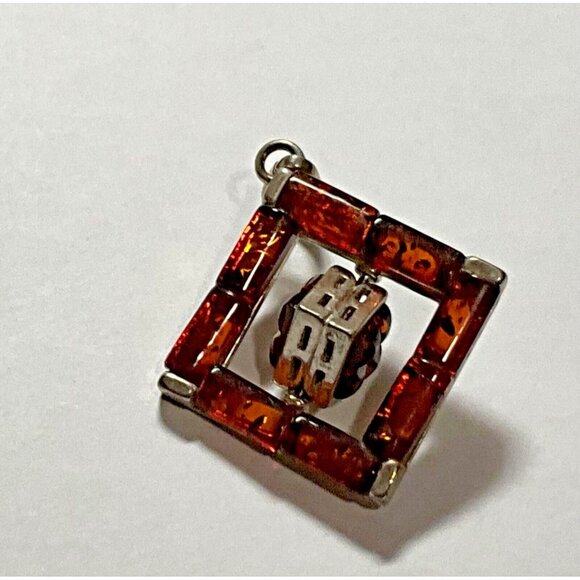 Sterling Silver Amber Pendant Square Spinning Geometric Modernist - Picture 3 of 4